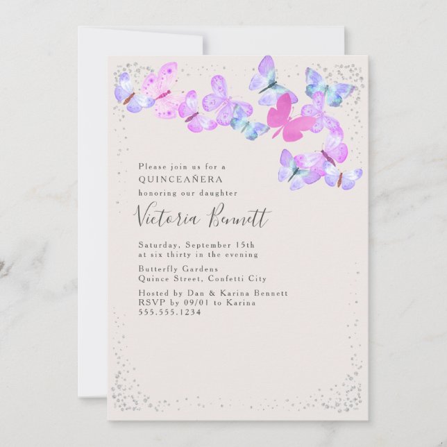Invitation Papillons d'aquarelle Argent Confetti Quinceanera (Devant)