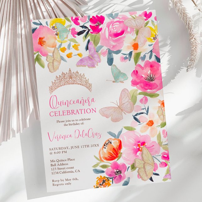 Invitation Papillons d'aquarelle fleurie de Boho quinceanera (Boho floral watercolor butterflies quinceanera invitation)