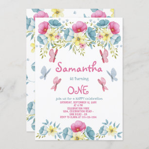 Invitation Papillons d'aquarelle rose Flore Anniversaire