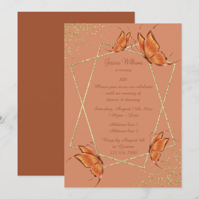 Invitation Papillons de bronze, Parties scintillant & Confett (Devant / Derrière)