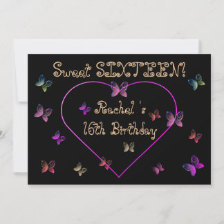 Invitation Papillons de coeur rose doux 16 Anniversaire