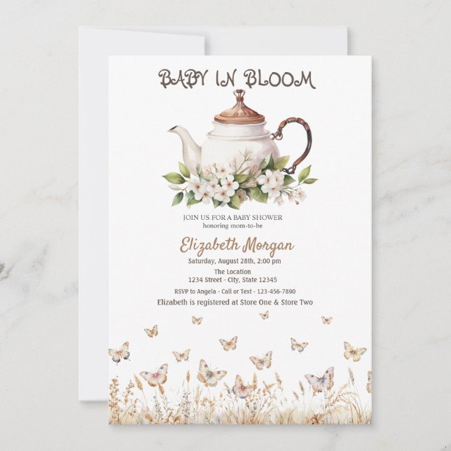 Invitation Papillons de prairie Baby shower de théière (Devant)