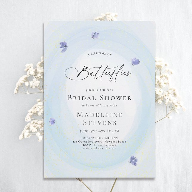 Invitation Papillons de vie quelque chose Fête des mariées bl (lifetime of butterflies theme bridal shower invitation whimsical watercolor romantic something blue)