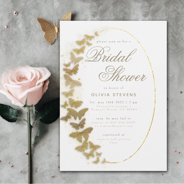 Invitation Papillons d'or Boho Frame Fête des mariées élégant (gold butterflies boho frame elegant classic calligraphy bridal shower invitation modern romantic)