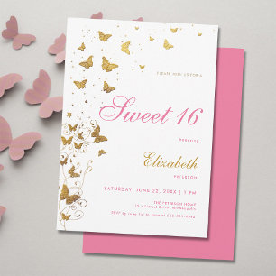 Invitation Papillons d'or Jardin Élégant rose fille douce 16