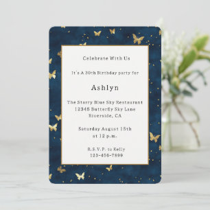 Invitation Papillons dorés bleus célestes Anniversaire