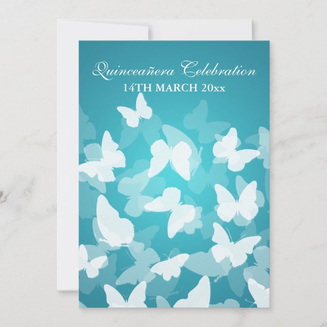 Invitation Papillons élégants de partie de Quinceañera bleus (Devant)