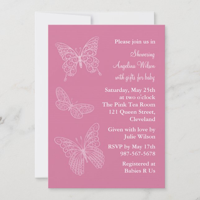 Invitation Papillons en filigrane roses (Devant)