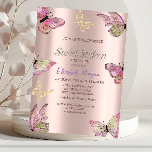 Invitation Papillons en or aquarelle Rose Gold Sweet 16