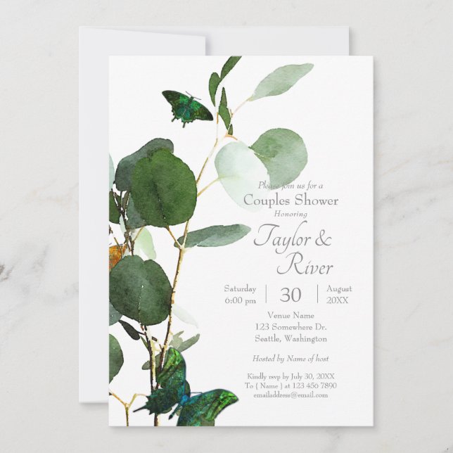 Invitation Papillons et aquarelle Verdure (Devant)