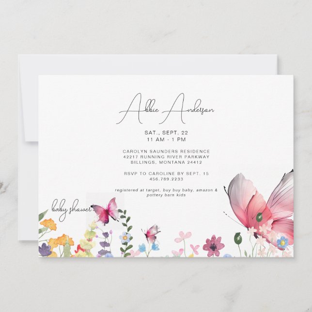 Invitation Papillons et Baby shower Fleur sauvage délicieux (Devant)
