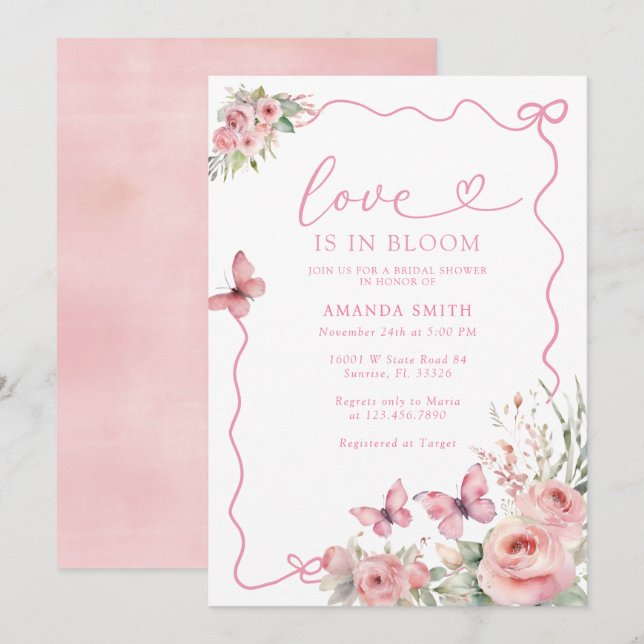Invitation Papillons et fleurs aiment dans la Fête des mariée (Devant / Derrière)