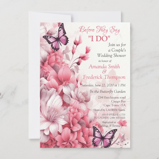 Invitation Papillons et Fleurs dans des tons roses variés (Devant)