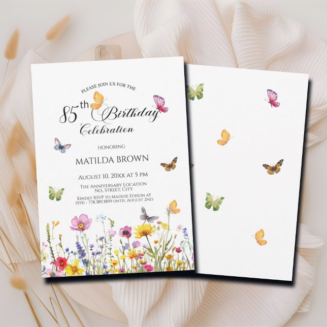 Invitation Papillons et Fleurs sauvages Élégant 85e anniversa (Créateur téléchargé)