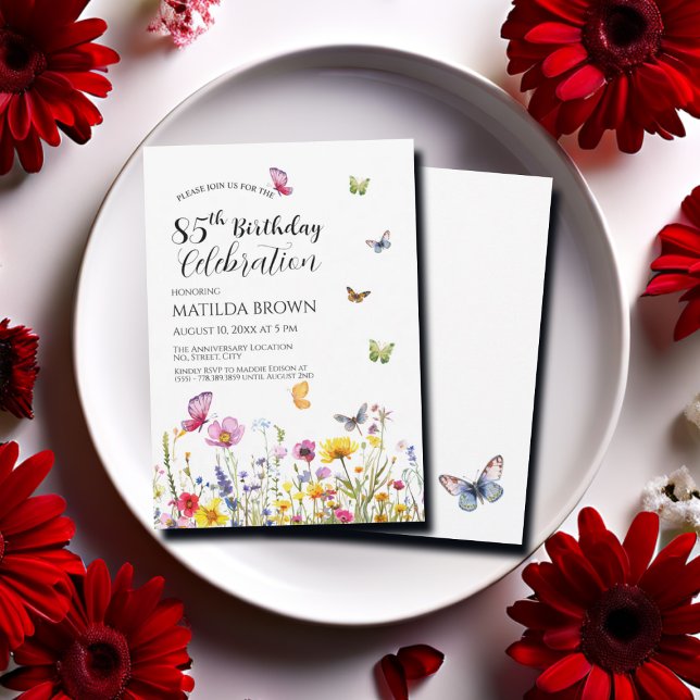 Invitation Papillons et Fleurs sauvages Élégant 85e anniversa (Créateur téléchargé)