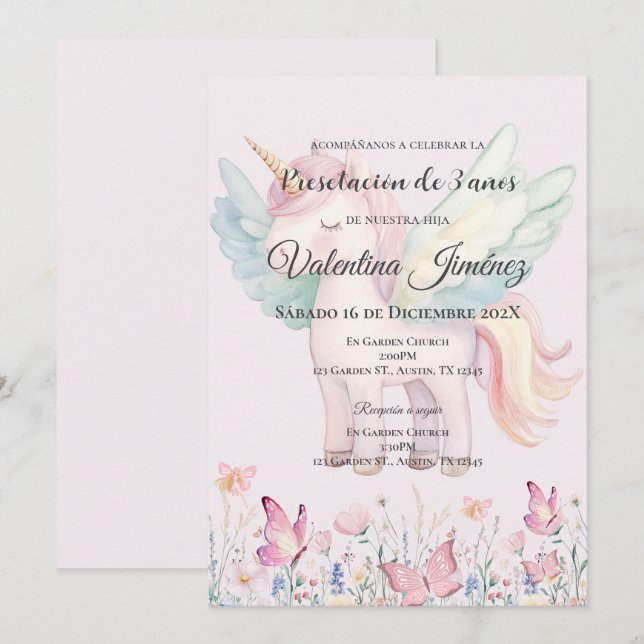 Invitation Papillons et poneys 3ème anniversaire en espagnol (Devant / Derrière)