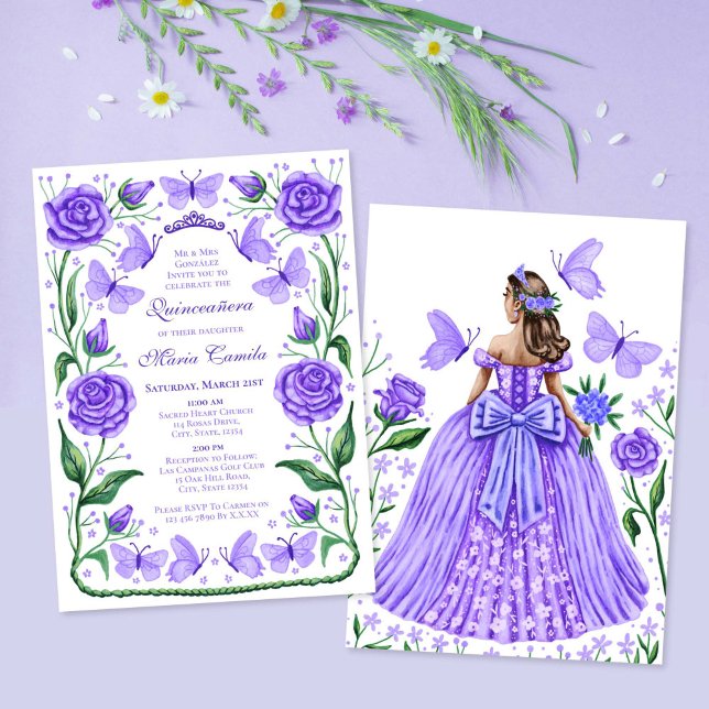 Invitation Papillons et Roses Lilac Princesse Quinceanera (Butterflies and Roses Lilac Princess Quinceanera Invitation)