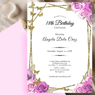 Invitation Papillons et Roses Roses 18ème Début d'Anniversair