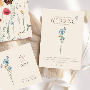 Invitation Papillons Fleur sauvage bleu simple Mariage floral