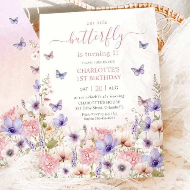 Invitation Papillons Fleurs sauvages rose pourpre 1er anniver (Créateur téléchargé)