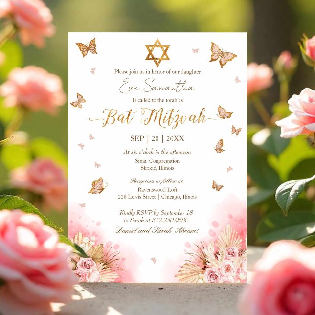 Invitation Papillons Floral Bat mitzvah d'huile d'or (Créateur téléchargé)