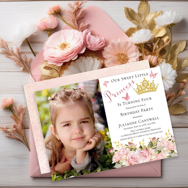 Invitation Papillons Floral Princess Photo 4e anniversaire (Butterflies Floral Princess Photo 4th Birthday Invitation - Print and/or Digital Download)