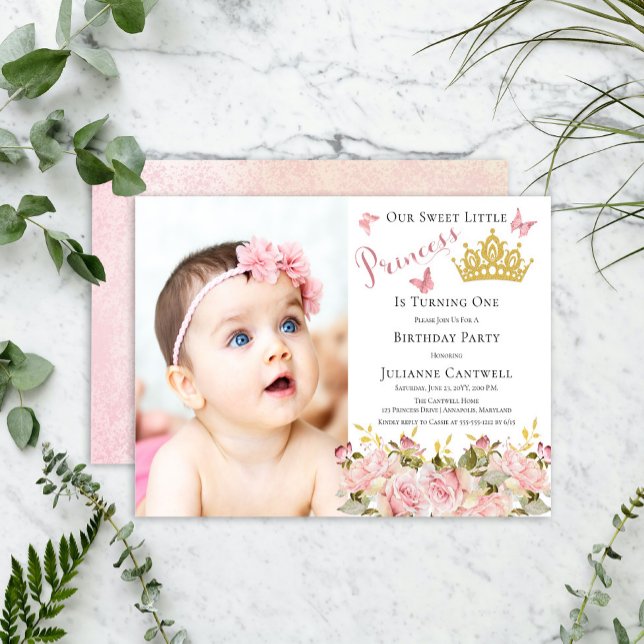 Invitation Papillons Floral Princesse Photo 1er anniversaire (Butterflies | Gold Glitter Crown | Pink Rose Floral "Princess" Girl 1st Birthday Party Invitation)