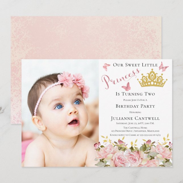 Invitation Papillons Floral Princesse Photo 2e anniversaire (Devant / Derrière)