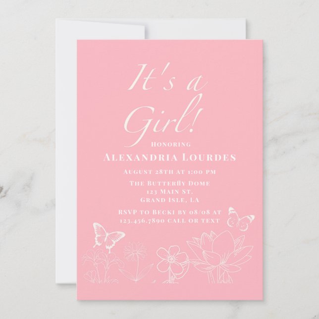 Invitation Papillons & Floral rose blanc Baby shower fille (Devant)