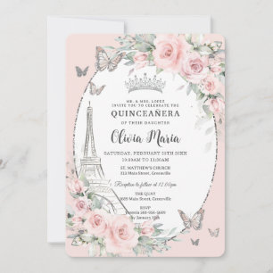 Invitation Papillons florale rose pâle Paris Quinceañera