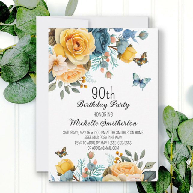 Invitation Papillons floraux bleu-bleu-duché 90e anniversaire (Créateur téléchargé)