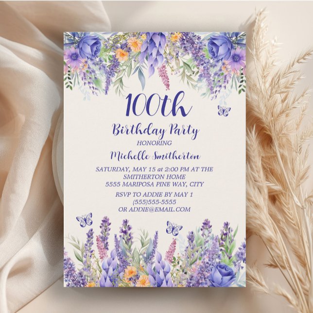 Invitation Papillons floraux de lavande violette 100e anniver (Lavender watercolor floral women's 100th birthday party invitation)