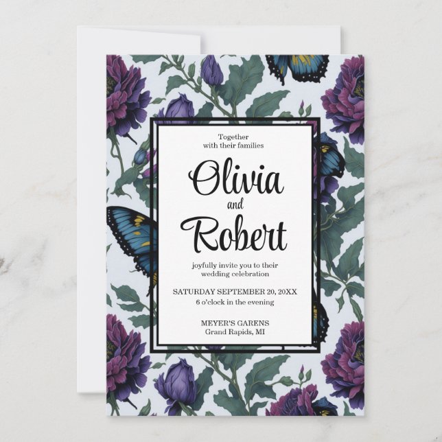 Invitation papillons floraux magenta vintage mariage (Devant)