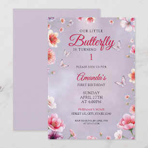 Invitation Papillons floraux mauve doux Fille 1er anniversair