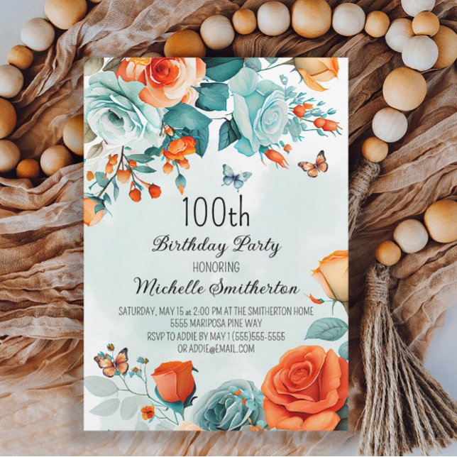 Invitation Papillons Floraux Orange Bleu Anniversaire (Créateur téléchargé)