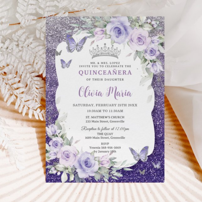 Invitation Papillons floraux pourpres de lavande Quinceañera (Créateur téléchargé)