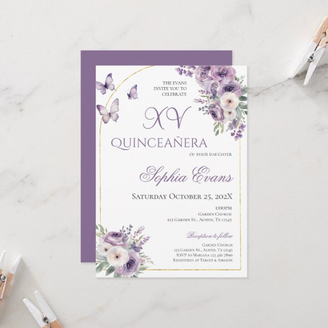 Invitation Papillons floraux pourpres Lilac Quinceañera (Devant/Arrière en situation)