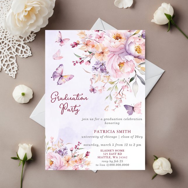 Invitation Papillons floraux pourpres Photo Graduation Party (Floral Purple Butterflies Photo Graduation Party Invitation)