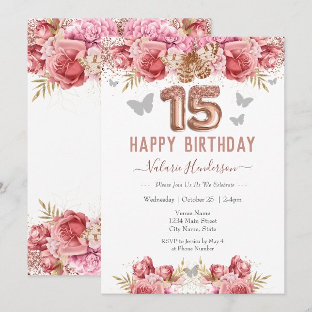 Invitation Papillons floraux rose heureux 15e anniversaire (Devant / Derrière)
