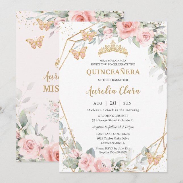 Invitation Papillons floraux rose pâle Chic Quinceañera (Devant / Derrière)