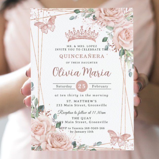 Invitation Papillons floraux rose pâle Chic Quinceañera (Créateur téléchargé)