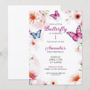 Invitation Papillons floraux roses pour bébé fille 1er annive