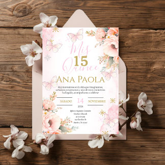 Invitation Papillons floraux roses Quinceañera