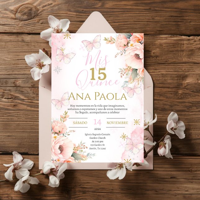 Invitation Papillons floraux roses Quinceañera (Créateur téléchargé)