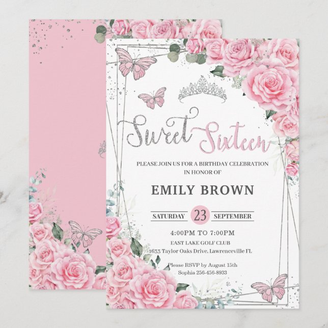 Invitation Papillons floraux roses Sweet sixteen 16 Anniversa (Devant / Derrière)