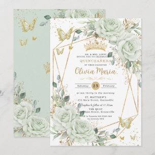 Invitation Papillons Floraux Vert Sauge pour Quinceañera Quin