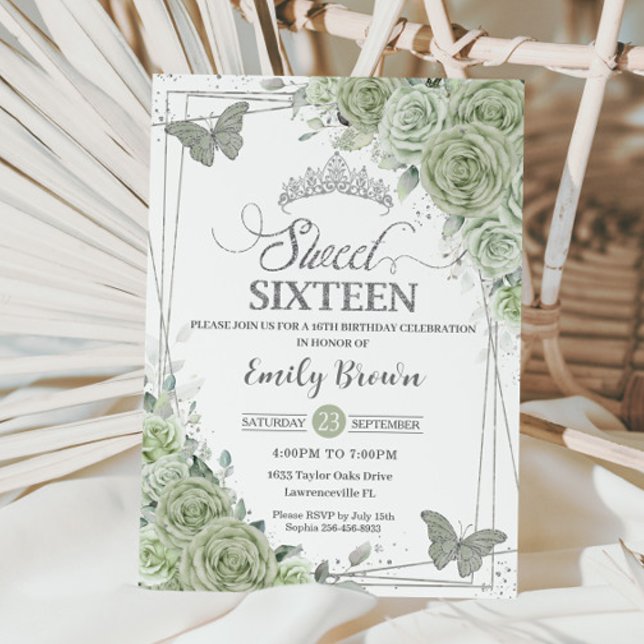 Invitation Papillons floraux verts Sage Sweet sixteen argenté (Créateur téléchargé)