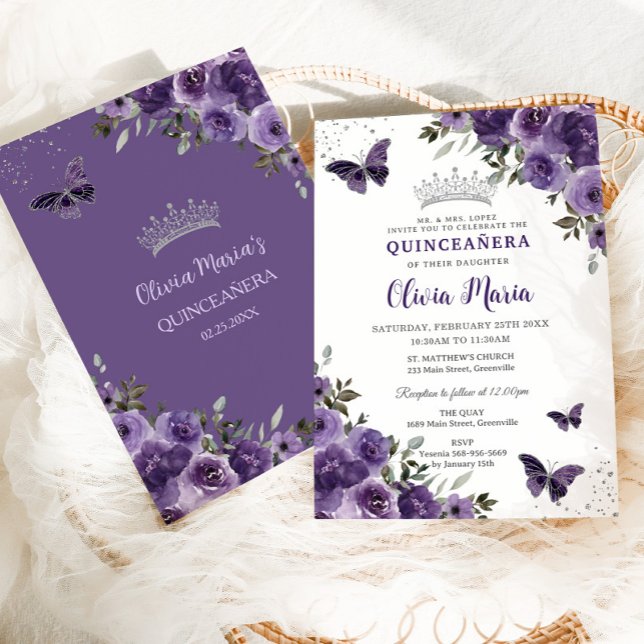 Invitation Papillons floraux violets foncés Silver Quinceañer (Créateur téléchargé)