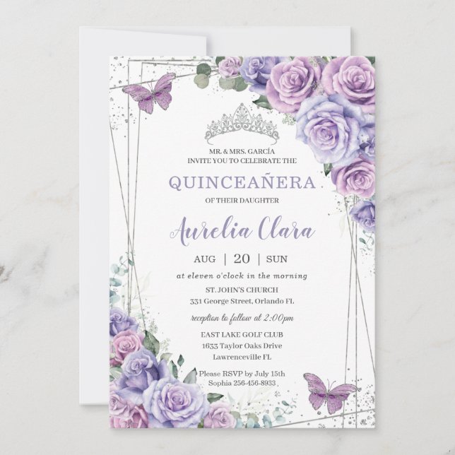 Invitation Papillons floraux violets Lilac Quinceanera en arg (Devant)