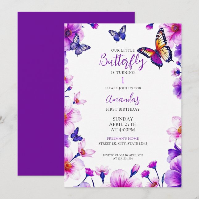Invitation Papillons floraux violets vibreux 1er anniversaire (Devant / Derrière)